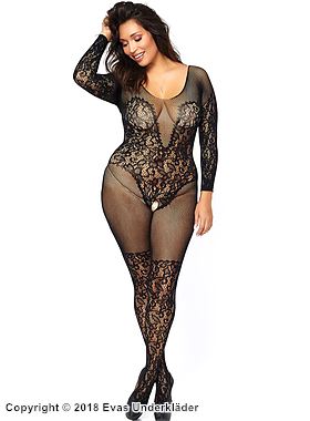 Elegant bodystocking, small fishnet, open crotch, floral lace, long sleeves, plus size